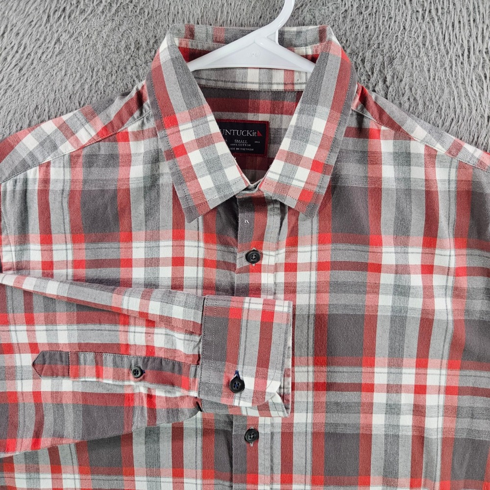 UNTUCKit Mens Small Red Grey Plaid Long Sleeve Cotton Button‎ Down Shirt
